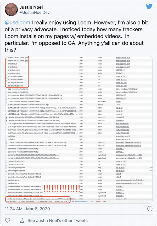 Twitter post where I ask Loom to consider removing Google Analytics from their embedded video player.
