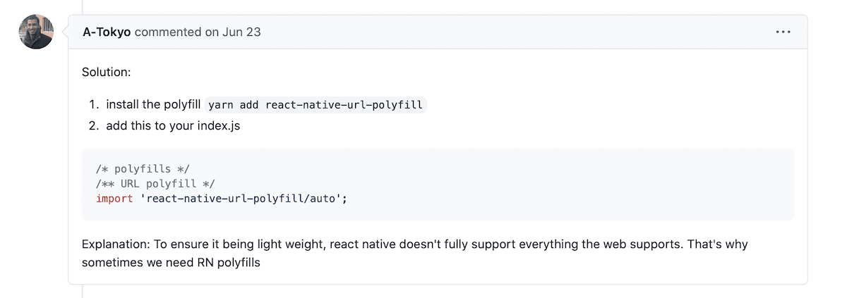 Screenshot from GitHub explaining the use for a polyfill to solve the problem mentioned above. Link:  https://github.com/facebook/react-native/issues/23922#issuecomment-648096619