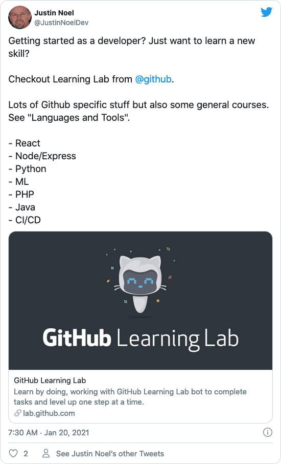 Screenshot of a tweet about the Github Learning Lab. Follow link for complete description.