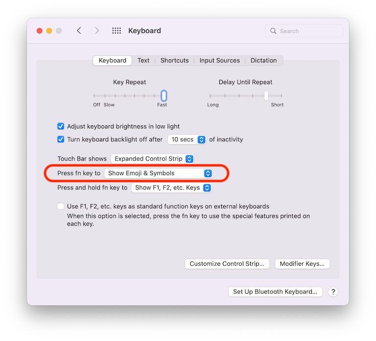 Screenshot from the macOS System Preferences app in the keyboard settings.