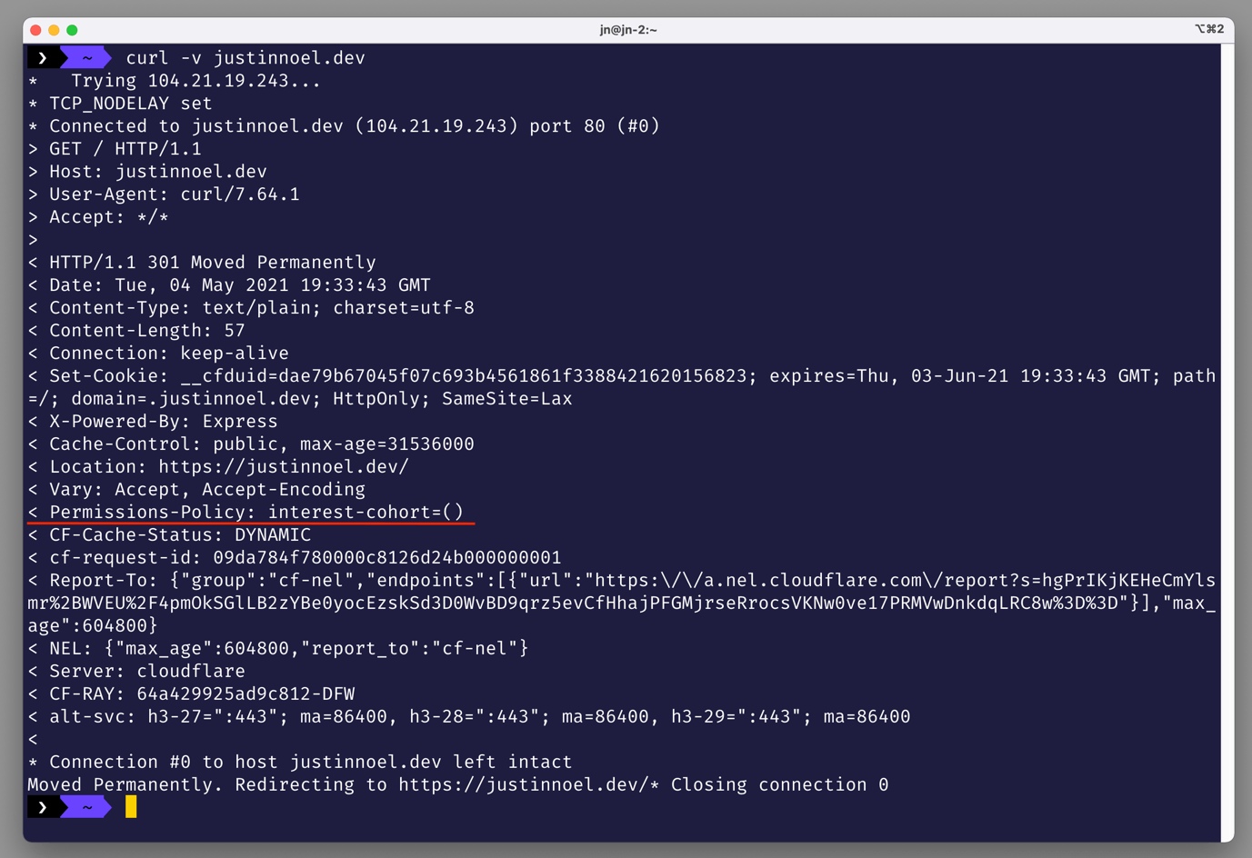Screenshot of the "curl -v justinnoel.dev" command. Shows the new "permissions-policy" header.